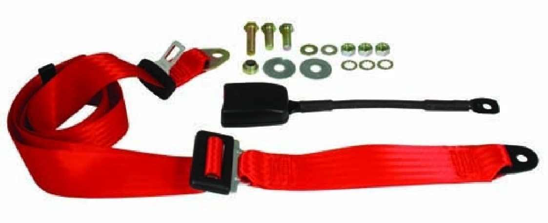 **SO** Front Seat Belt, 3pt Static, Modern Buckle, Red Web