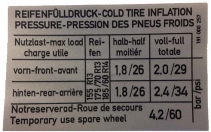 Sticker, Tyre Pressure Info, 67x43mm Mk2 Golf 1.3 84-92