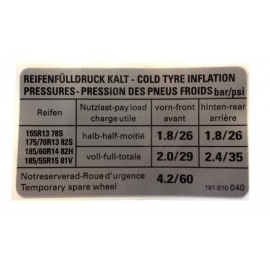 Sticker, Tyre Pressure Info, Mk2 Golf 1.3 84-92